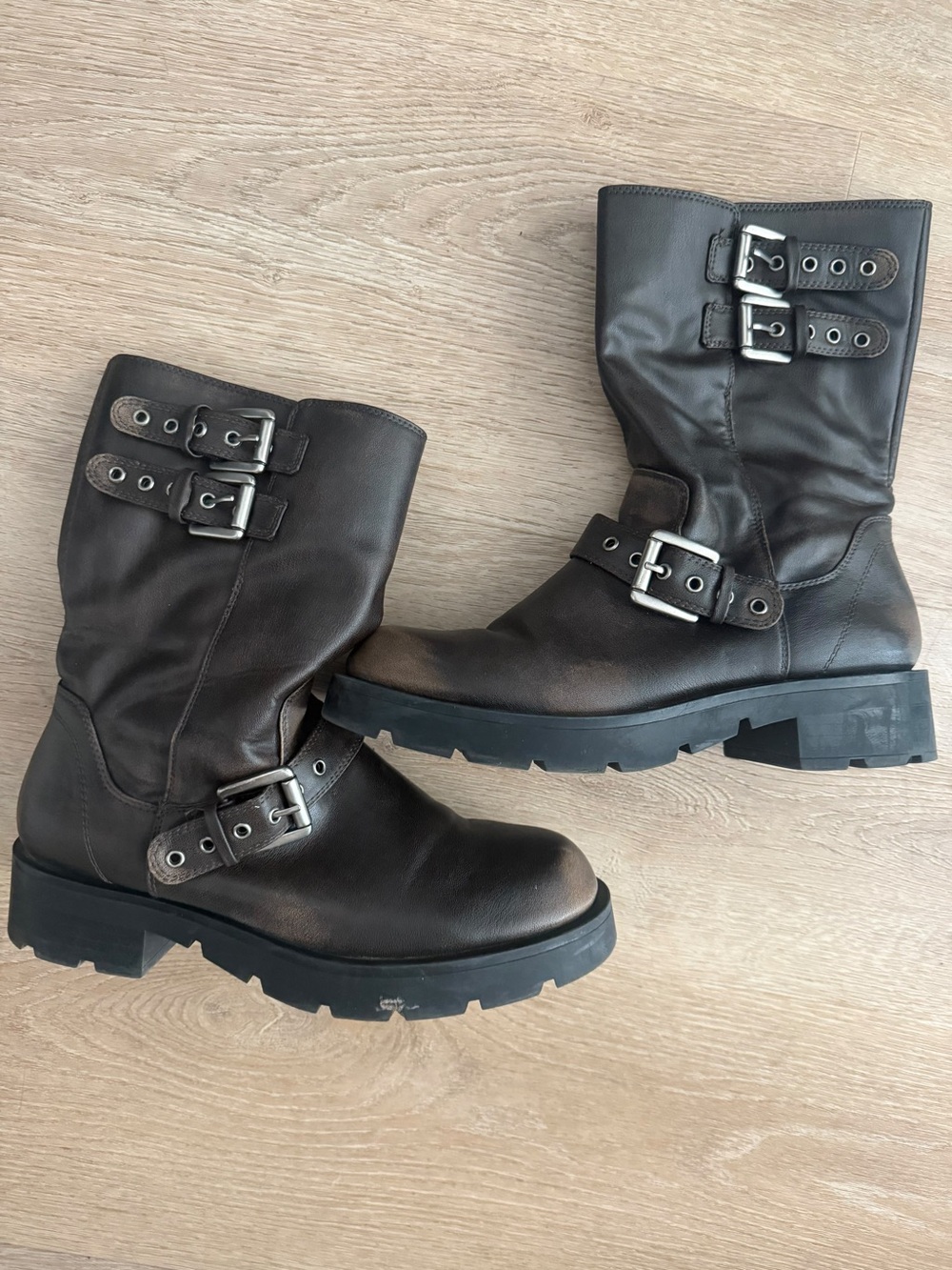 Zara Dark Brown Leather Buckle Combat Boots